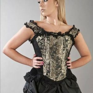 COPY - Burleska Duchess Overbust corset Gold Black Brocade Lace Velvet Wide Str…